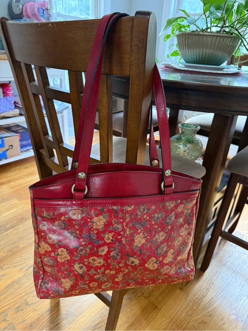 Patricia Nash Red Floral Leather Tassel Shoulder Bag